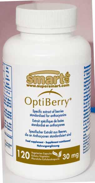 OptiBerry 30 mg 120 cápsulas vegetais Código 0394 OptiBerry é uma mistura específica e patenteada de vários extractos e pós de bagas (arando, mirtilo, airela, sabugo, morango e framboesa), formulada