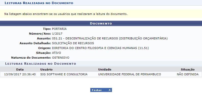 VISUALIZAR LEITURAS A leitura de um documento pode ser realizada por diversos usuários, conforme movimentações efetuadas.