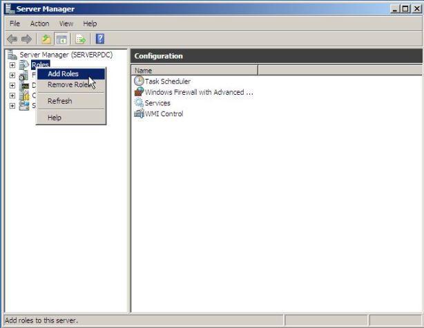 Será carregado o Console Server Manager, nele clicaremos com o botão direito do mouse em Roles e depois Add Roles (Figura 4.