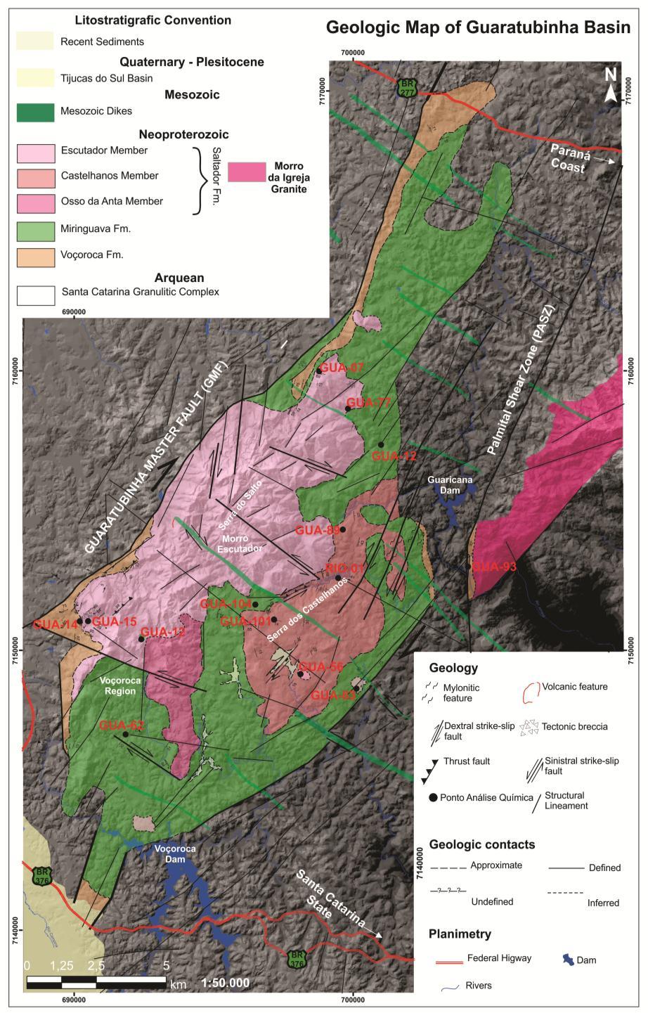 FIGURA 2 - Mapa geológico da Bacia do Guaratubinha com localização das amostras analisadas. Fonte: Barão (2015b). 2.1 PREPARAÇÃO DAS AMOSTRAS A segunda fase consistiu em trabalhos laboratoriais, para preparação das amostras para análise geoquímica.