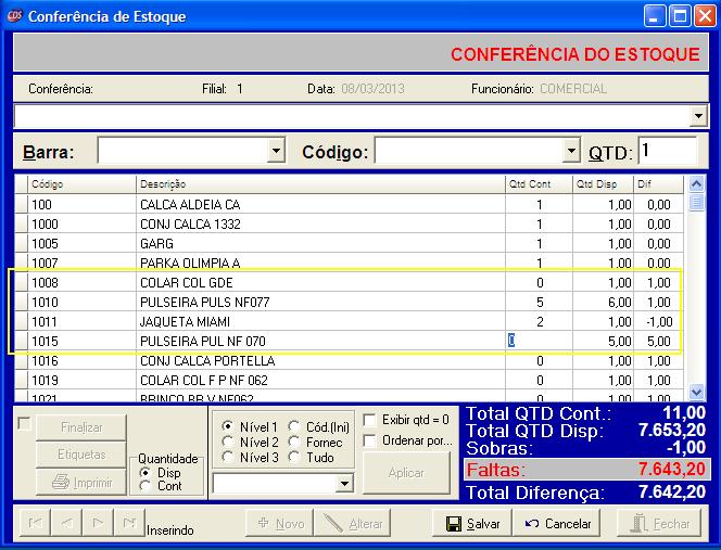 Nesta opção especifique qual o grupo ira contar e mande aplicar 01-Clique em NOVO 04-Clique em Quantidade Contada e Lace a sua contagem, Tecle ENTER e preencha