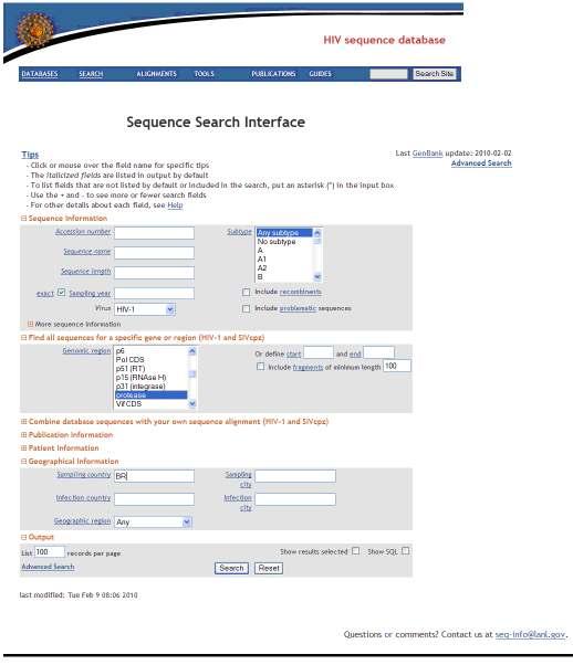 FIGURA 5. Sistema HIV Sequence Database para aquisição das sequencias e HIV-1 do Brasil.