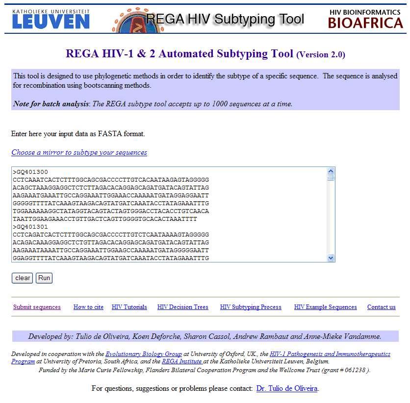 FIGURA 9. Página inicial do sistema de subtipagem do HIV-1 REGA subtyping tool.