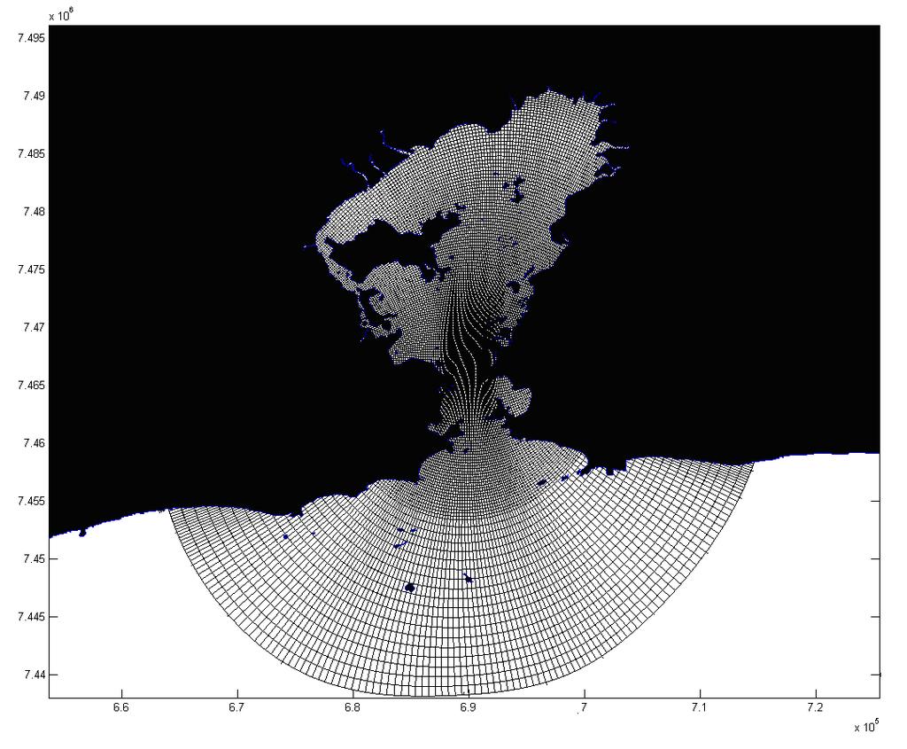 51 Os arquivos de dados iniciais da geometria da BG foram utilizados no programa Delft- RGFGRID, acoplando o contorno da região a ser modelada com os dados da batimetria (Figura 10), e transformando