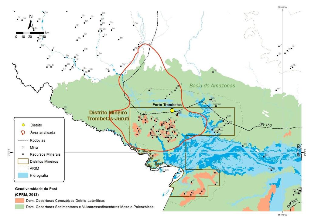 Dotação geológica da área refletida na geodiversidade da região, na demarcação de ARIMs e distrito mineiros,