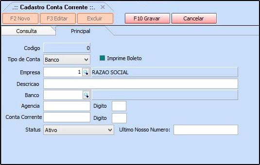 Tipo de conta: Informe se a conta a ser cadastrada é de fato um banco, cheque ou entrará em caixa; Descrição: Insira a descrição dessa conta corrente; Banco: Informe o banco da conta cadastrada;