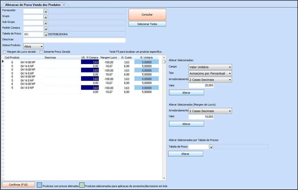 Ao acessar a tela vá até o campo Tabela de Preço e selecione qual tabela será utilizada para fazer a atualização dos valores e em seguida será necessário consultar os produtos para serem atualizados,