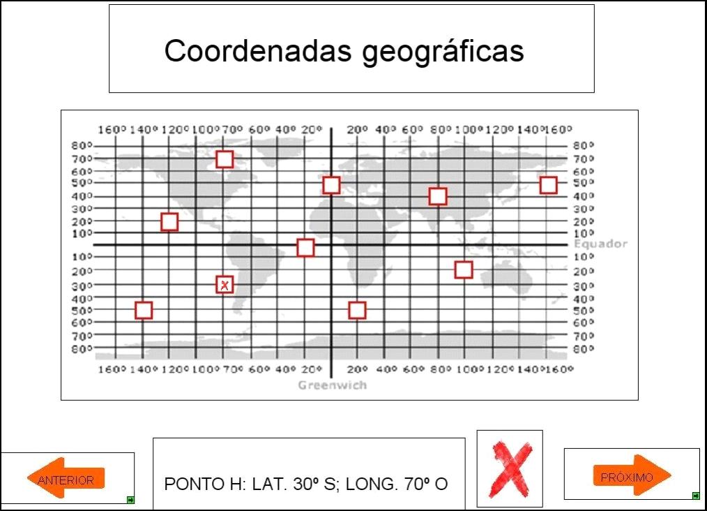 Figura 2. Material adaptado de Geografia A Figura 2 ilustra um material adaptado de Geografia, onde é solicitado que marque a coordenada geográfica indicada.