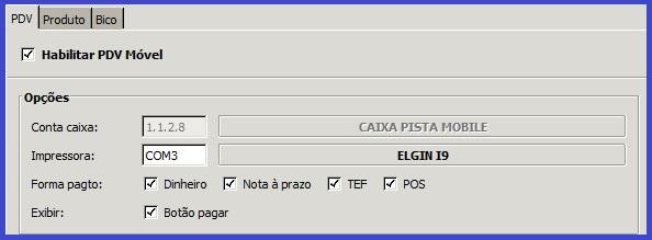Na aba PDV serão inseridas informações necessárias para o funcionamento da rotina. Habilitar PDV Móvel: necessário habilitar para que seja feita a finalização da venda por meio do aplicativo.