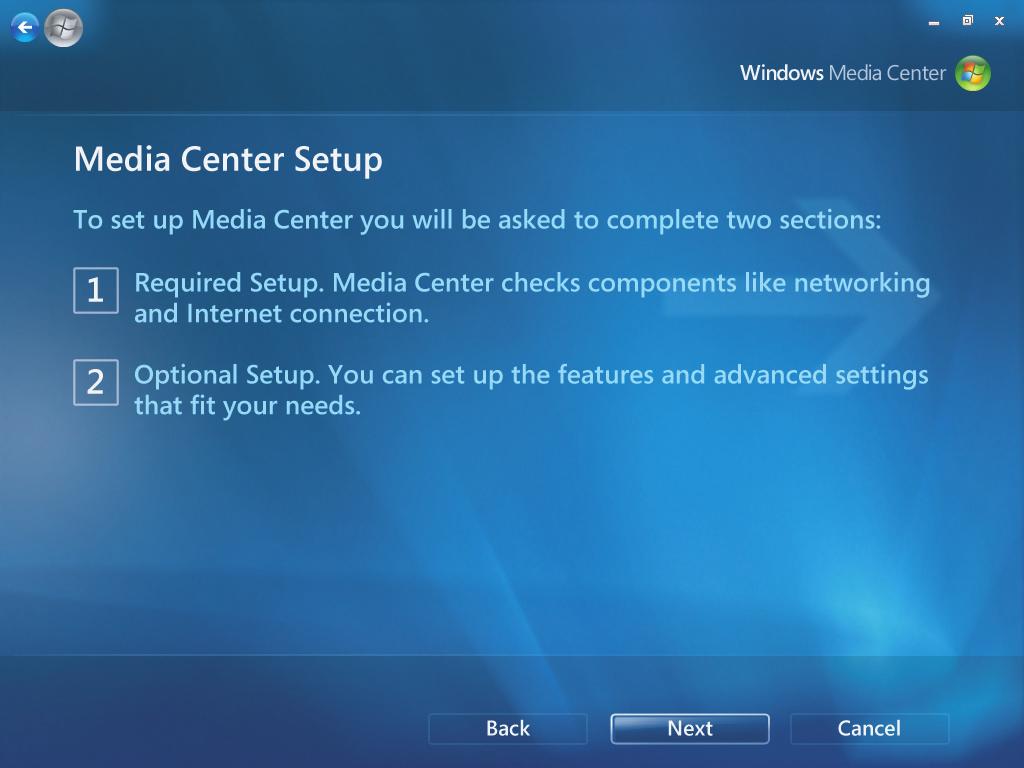 Configurar o Windows Media Center A primeira vez que executar o Windows Media Center no computador, um assistente de configuração do Windows Media Center abre.