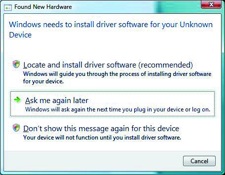 3 Aparece uma mensagem de Novo hardware encontrado. Aguarde 2 ou 3 minutos para que o Windows Vista faça as configurações necessárias para o novo dispositivo.