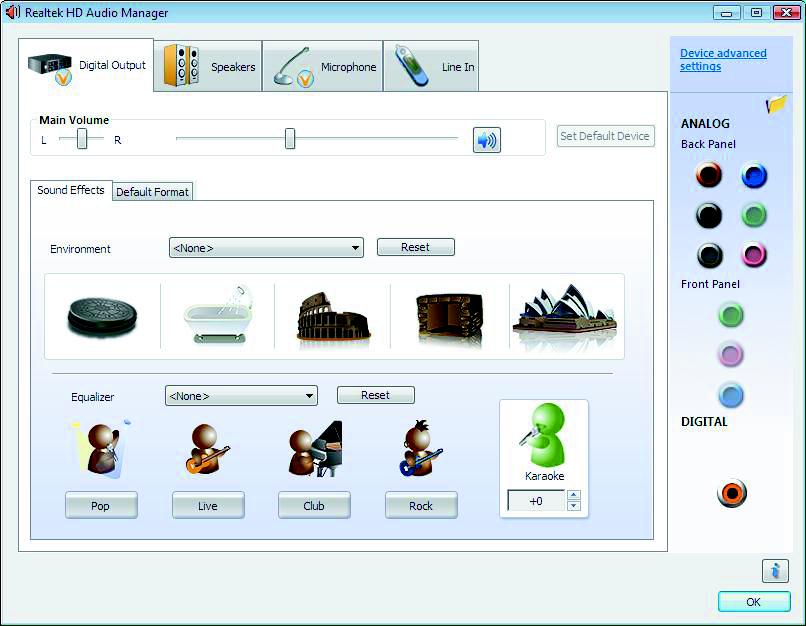 7 Seleccione o tipo de altifalantes do menu pendente. 8 Clique em OK. Os ecrãs de controlo do Realtek HD Audio Manager! Saída Digital: Permite-lhe seleccionar as definições de Ambiente e Equalizador.