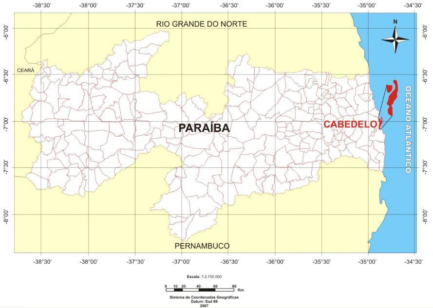 Figura 3. Localização geográfica do município de Cabedelo, PB. (Fonte: Silva, 2007) O clima é quente e úmido, com temperatura máxima de 35 C e mínima de 22 C.