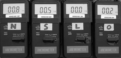 As estações meteorológicas utilizadas, possuem sensores de velocidade do ar compostos por copo (magnitude) e pá (direção/sentido), apresentando faixa de leitura de 0,3 a 30,0m/s, resolução de 0,1m/s,