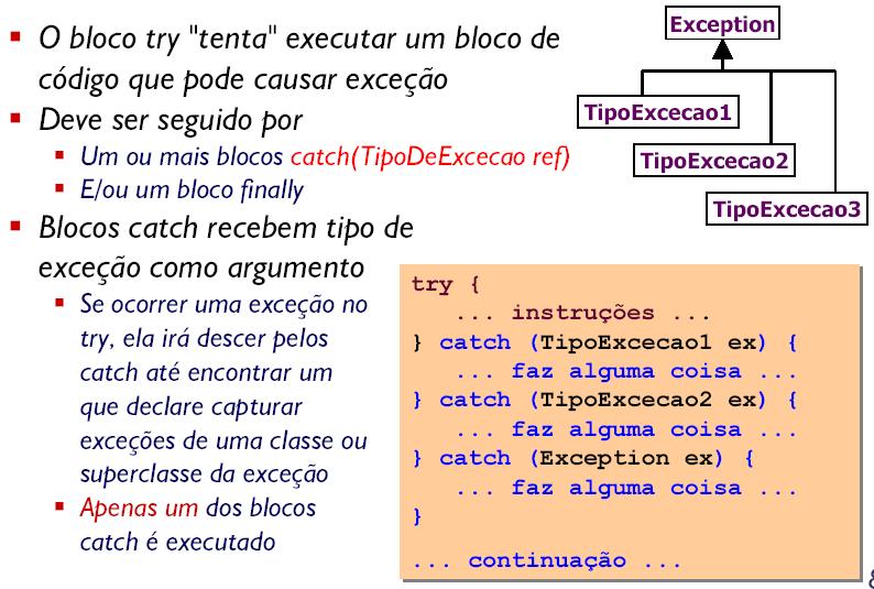 Tratamento de Exceção Tratando Múltiplas Exceções try {... catch (Exception1 e1) {... catch (Exception2 e2) {... catch ( Exeception e ) {.