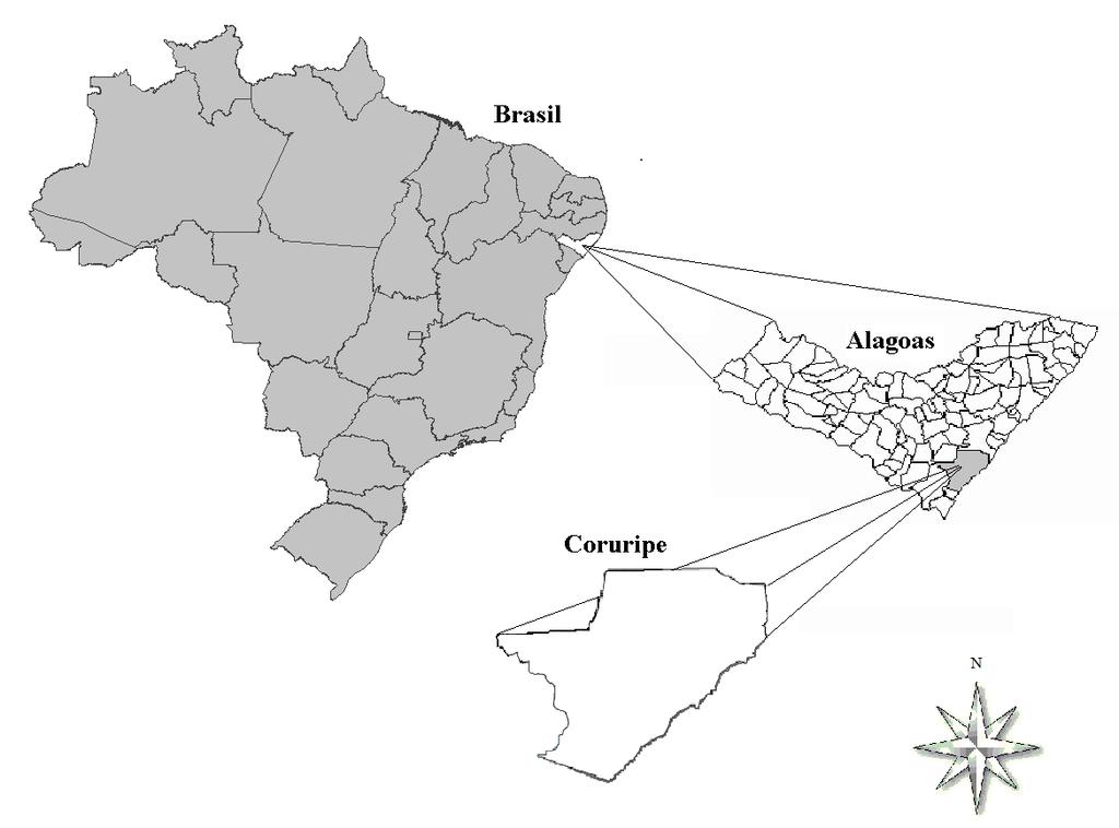 Figura 1. Localização geográfica da área de estudo, em destaque, a área do experimento no município de Coruripe, Alagoas. Climatologia da região Segundo Silva-Junior et al.