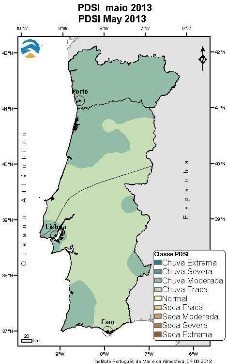 Tabela 2 Classes do índice PDSI - Percentagem do território afetado Classes PDSI 31 maio 2013 Chuva extrema 0 chuva severa 0 chuva moderada 45 chuva fraca 55 normal 0 fraca 0 moderada 0 severa 0