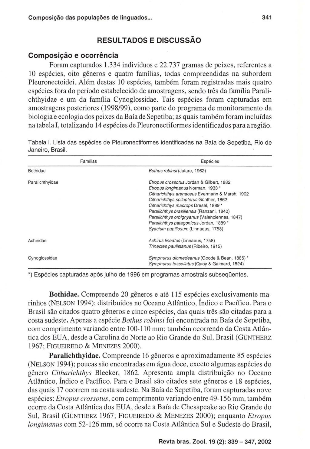 Composição das populações de linguados... 341 RESULTADOS E DISCUSSÃO Composição e ocorrência Foram capturados 1.334 indivíduos e 22.