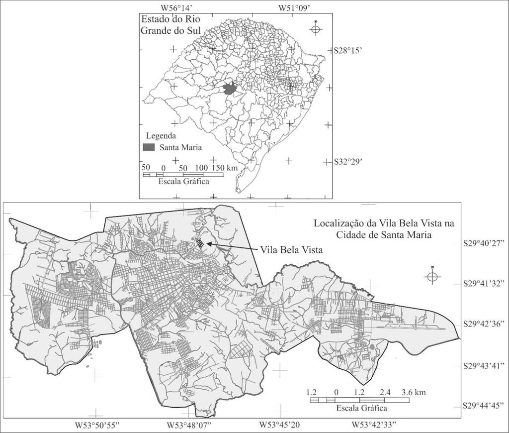 No contexto urbano de Santa Maria, a área de estudo compreende a Vila Bela Vista localizada no bairro Itararé, na porção nordeste da cidade, entre as coordenadas 53 47 06 e 53 47 37 de longitude