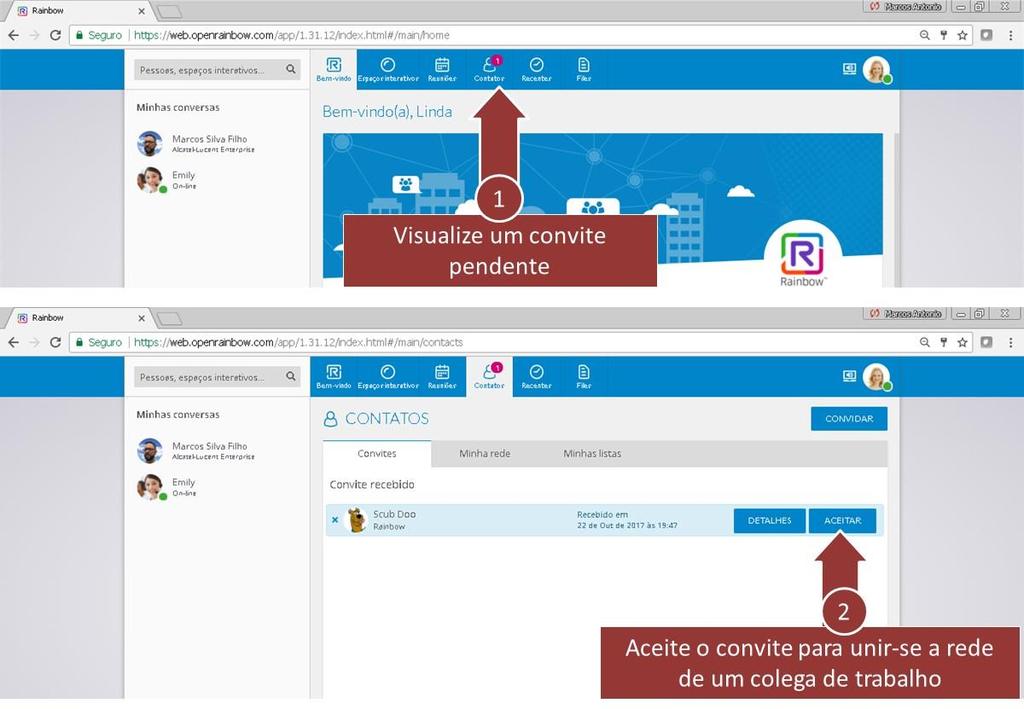 Você também pode receber convites de seus colegas, portanto fique atento para aceitar a unir-se a lista de contatos de outros usuários.