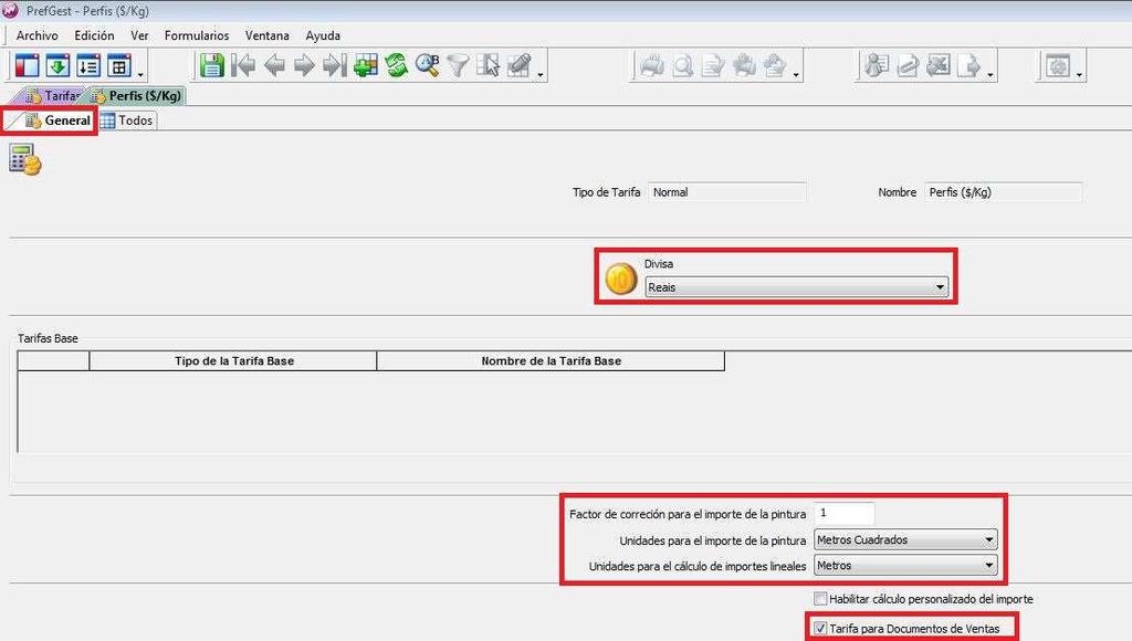 Clique em Aceptar para concluir; Na aba General, verifique se o campo Divisa está com a moeda a ser usada.