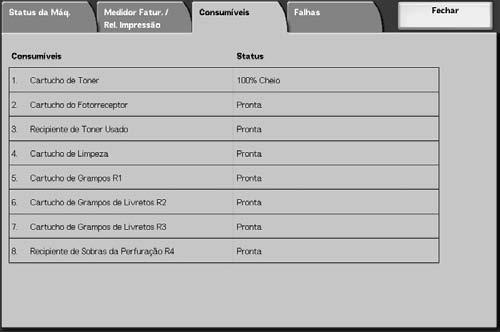 4. Status da máquina Consumíveis Você pode verificar o status dos consumíveis da impressora usados na máquina na tela Consumíveis.