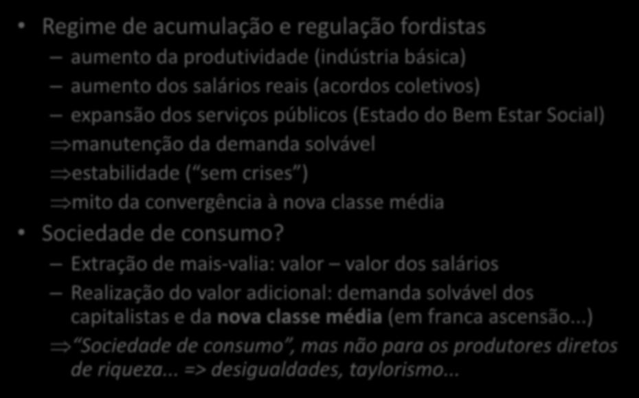 Capitalismo fordista Regime de acumulação e regulação fordistas aumento da produtividade (indústria básica) aumento dos salários reais (acordos coletivos) expansão dos serviços públicos (Estado do