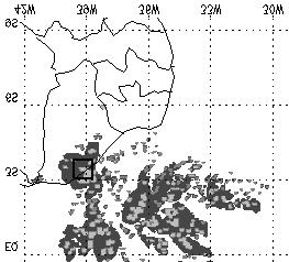 FIGURA 6: Prognósticos de 24 horas da precipitação acumulada (mm) gerados pelo RAMS-FUNCEME, para o dia 24/04/97 e precipitação estimada (mm/h) a partir das imagens horárias do satélite Meteosat-6