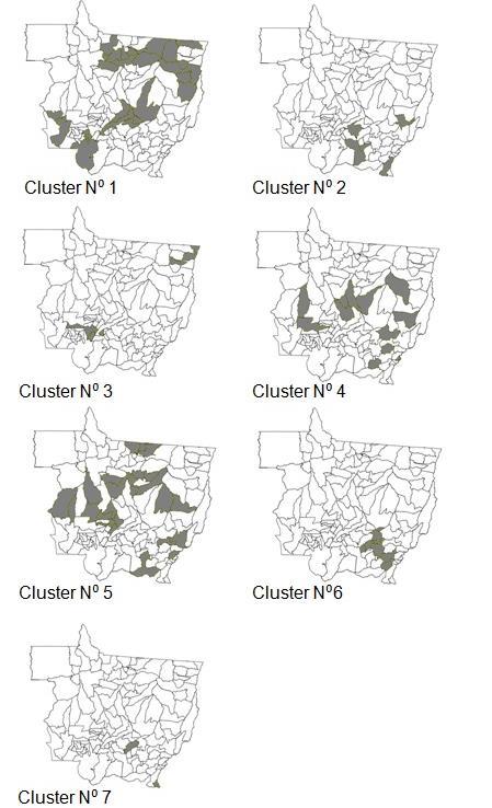Quantificação dos riscos envolvidos na produção de milho e soja em MT A Figura 2 ilustra os municípios alocados em cada cluster, ressalvo uma informação de que municípios muito pequenos não aparecem