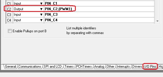 PWM Configuração no compilador Na aba I/O Pins, certifique-se de que existe