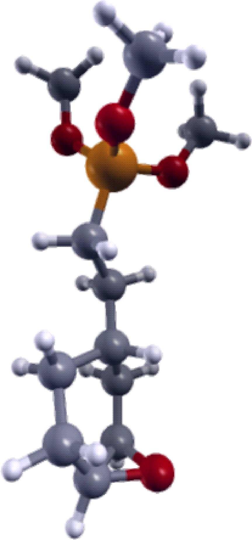 Átomos de oxigênio em vermelho, silício em laranja, carbono em cinza, hidrogênio em branco e nitrogênio em azul claro.