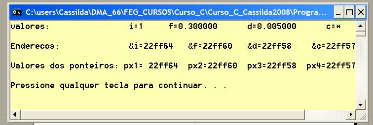 10.3 Ponteiros: Declarando e Utilizando Ponteiros Esse programa exibe valores e endereços associados a quatro tipos de variáveis: variável inteira i, variável real f, variável de dupla precisão d, e