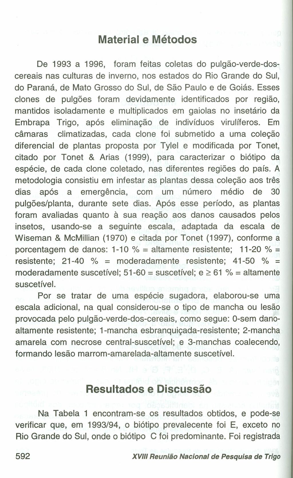 Material e Métodos De 1993 a 1996, foram feitas coletas do pulgão-verde-doscereais nas culturas de inverno, nos estados do Rio Grande do Sul, do Paraná, de Mato Grosso do Sul, de São Paulo e de Goiás.