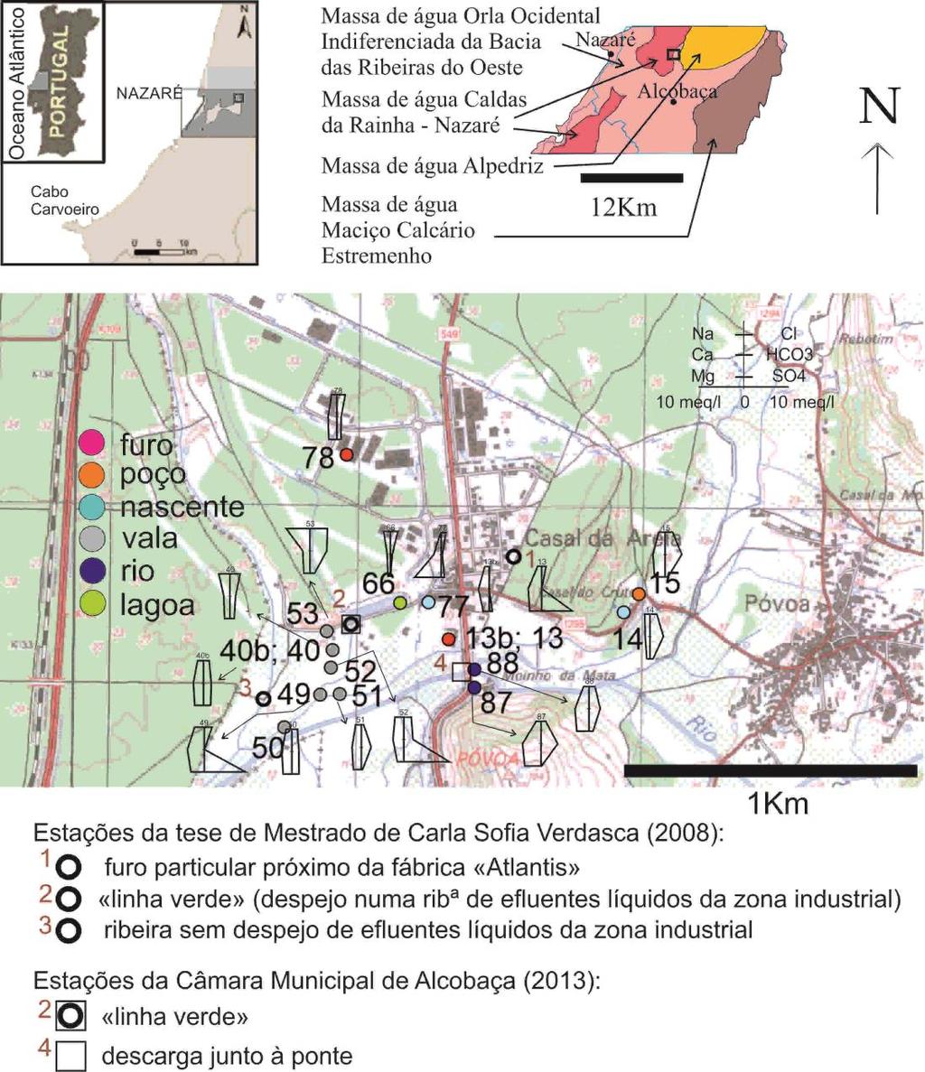 Figura 3 Localização dos pontos de amostragem com representação dos Diagramas de Stiff Modificados, sobre um excerto da Carta Militar de Portugal de Valado de Frades (Nazaré), à escala 1/25000, folha