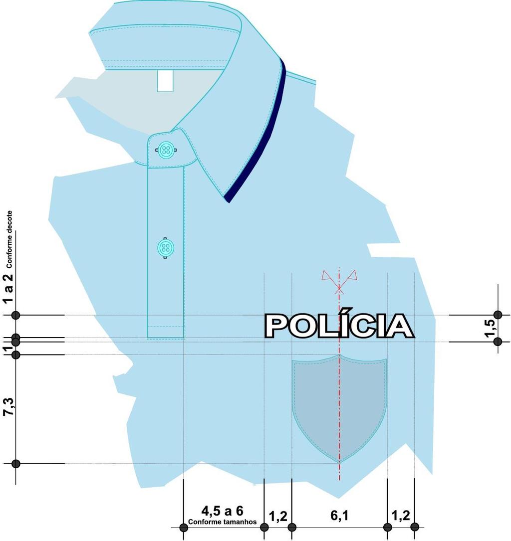 PORMENOR P5: Frente do lado esquerdo, com cotagem da aplicação da palavra POLÍCIA e velcro para crachá Palavra POLÍCIA, com preenchimento na cor cinza prata, de propriedades refletorizantes, sendo o