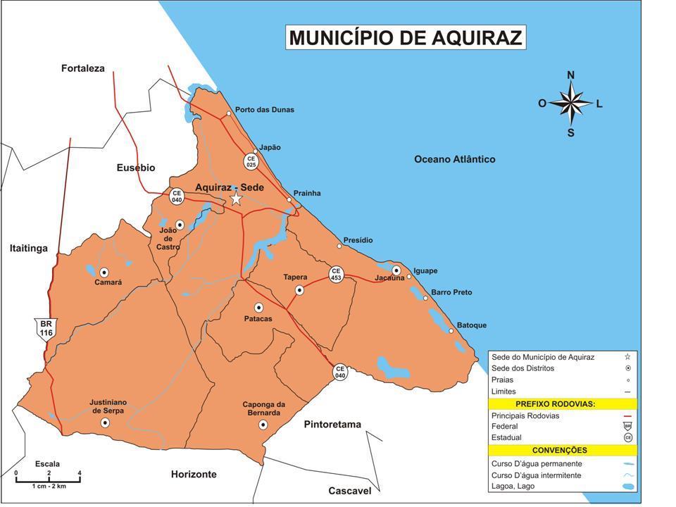 Figura 1: Divisão distrital e das praias do município de Aquiraz. Fonte: Moura, 2009.