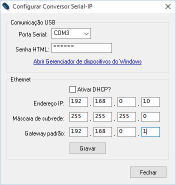 Abra o Software HCS 2010, acesse a opção Liberar Menus e entre com a senha (padrão: linear). Clique no menu Configurar e selecione a opção Conversor Serial-IP. A tela ao lado será exibida.