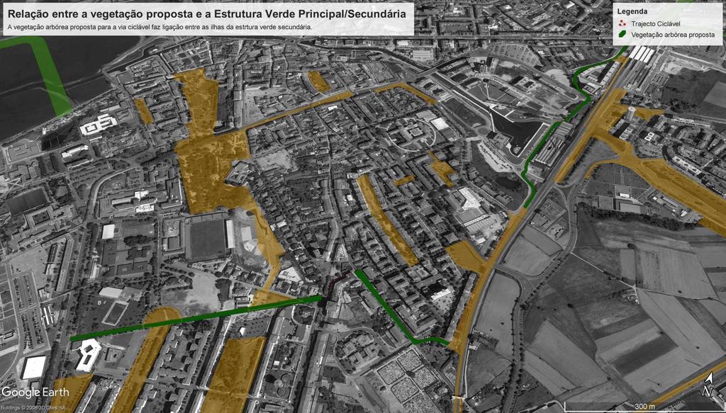 Enquadramento paisagístico: espaços verdes do trajecto ciclável Estrutura verde principal (atual) Estrutura verde secundária (atual) Vegetação arbórea para o trajecto ciclável (proposta) Traçado do