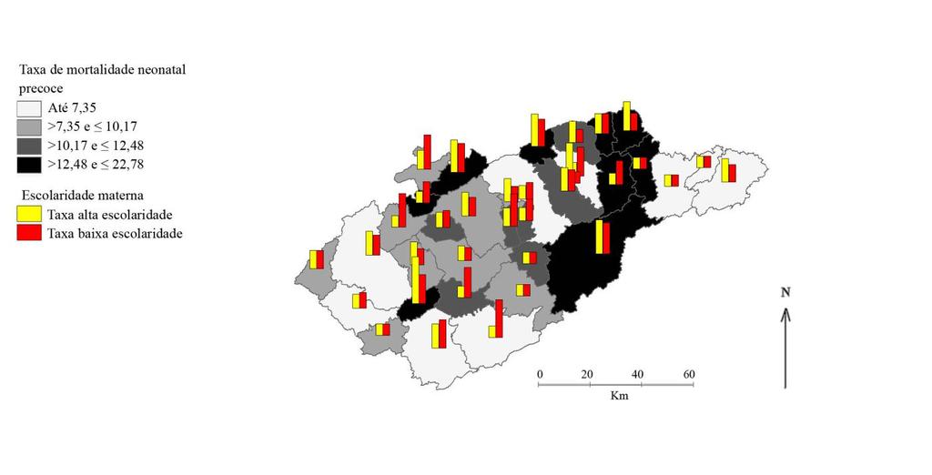 42 Resultados Figura 15 - Distribuição espacial do coeficiente de mortalidade neonatal precoce com representação em gráfico de barras para idade materna, por 1000 NV, no Vale do Paraíba (SP),