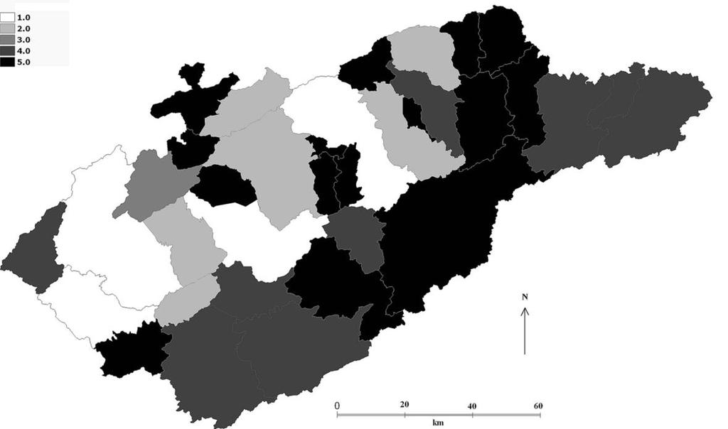46 Resultados Figura 20 - Distribuição espacial do Índice Paulista de Responsabilidade Social (IPRS) no Vale do Paraíba (SP) no ano de 2006 Tabela 7 - Correlação entre coeficientes de mortalidade