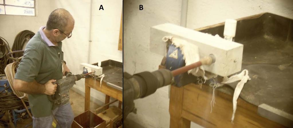 99 verificada teve-se que fazer um novo orifício porque o sistema de vedação não resistiu à temperatura no interior da estufa. Figura 83- Execução do orifício no prisma de sacrífico.