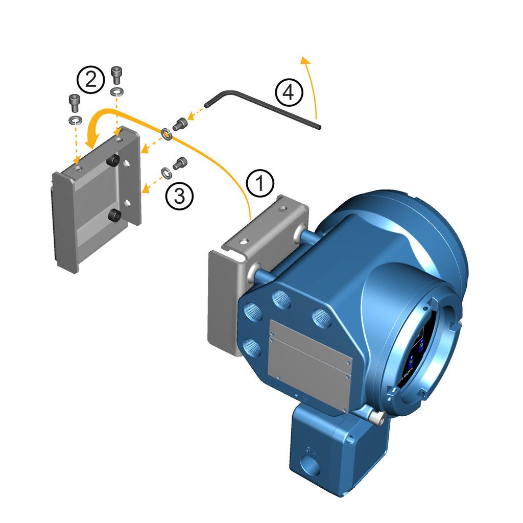 Montagem e fiação do sensor Figura 2-4: Conectando e afixando o transmissor em um suporte de montagem Dica Para certificar-se de que os orifícios do suporte de montagem estão alinhados, insira todos