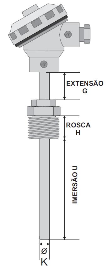 SENSOR C/ CABEÇOTE E BUCIN AJUSTÁVEL - RTM 125-85 ELEMENTO SENSOR: B2 - PT100 SIMPLES 2 FIOS (CLASSE B) B3 - PT100 SIMPLES 3 FIOS (CLASSE B) A3 - PT100 SIMPLES 3 FIOS (CLASSE A) B6 - PT100 DUPLO 6