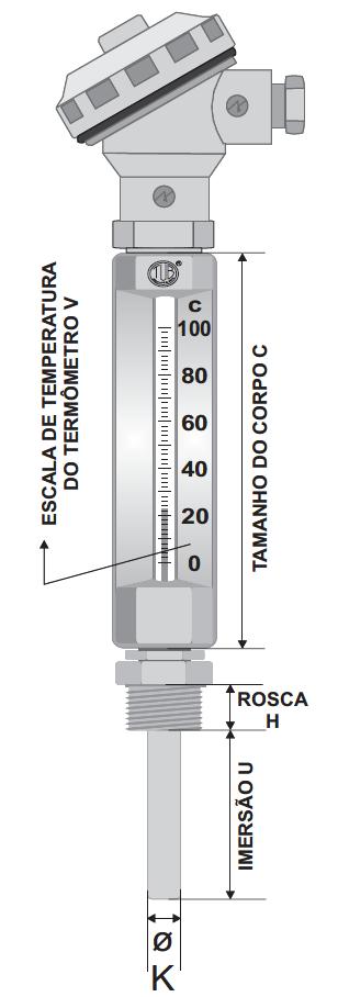 ELEMENTO SENSOR: SENSOR C/ TERMÔMETRO CAPELA - RTM 119 B2 - PT100 SIMPLES 2 FIOS (CLASSE B) B3 - PT100 SIMPLES 3 FIOS (CLASSE B) A3 - PT100 SIMPLES 3 FIOS (CLASSE A) B6 - PT100 DUPLO 6 FIOS (CLASSE