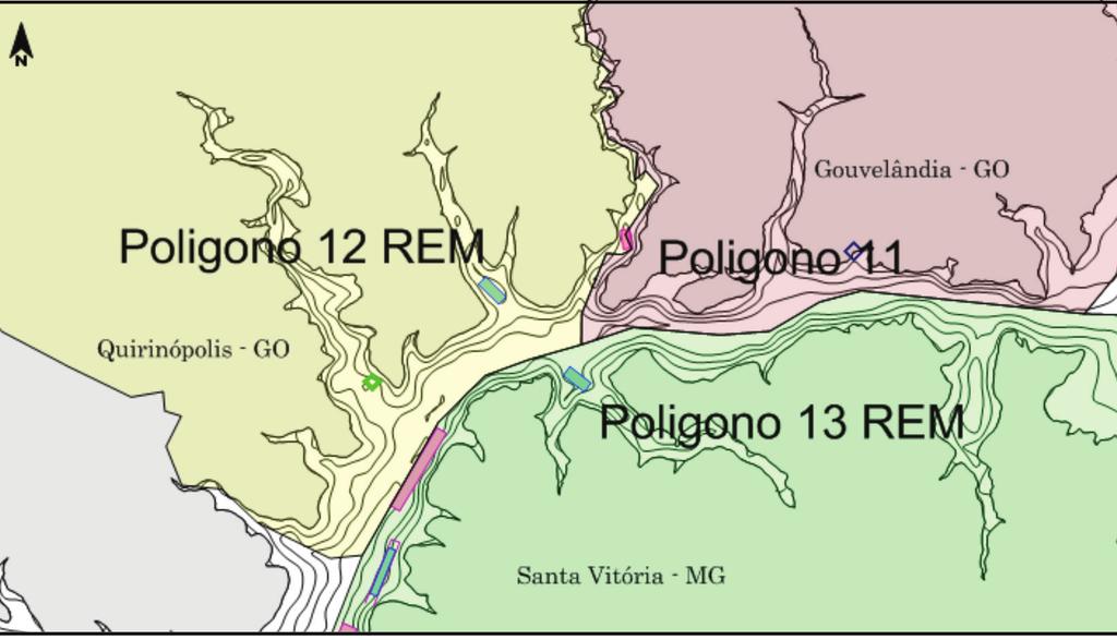 Figura 22 - Parque Aquicola Ipiaçu formado pelos polígonos aquícolas 9 e 10 - Reservatório de São Simão, MG-GO NOTA: Em destaque, parte dos limites geográficos dos municípios mineiros de Santa
