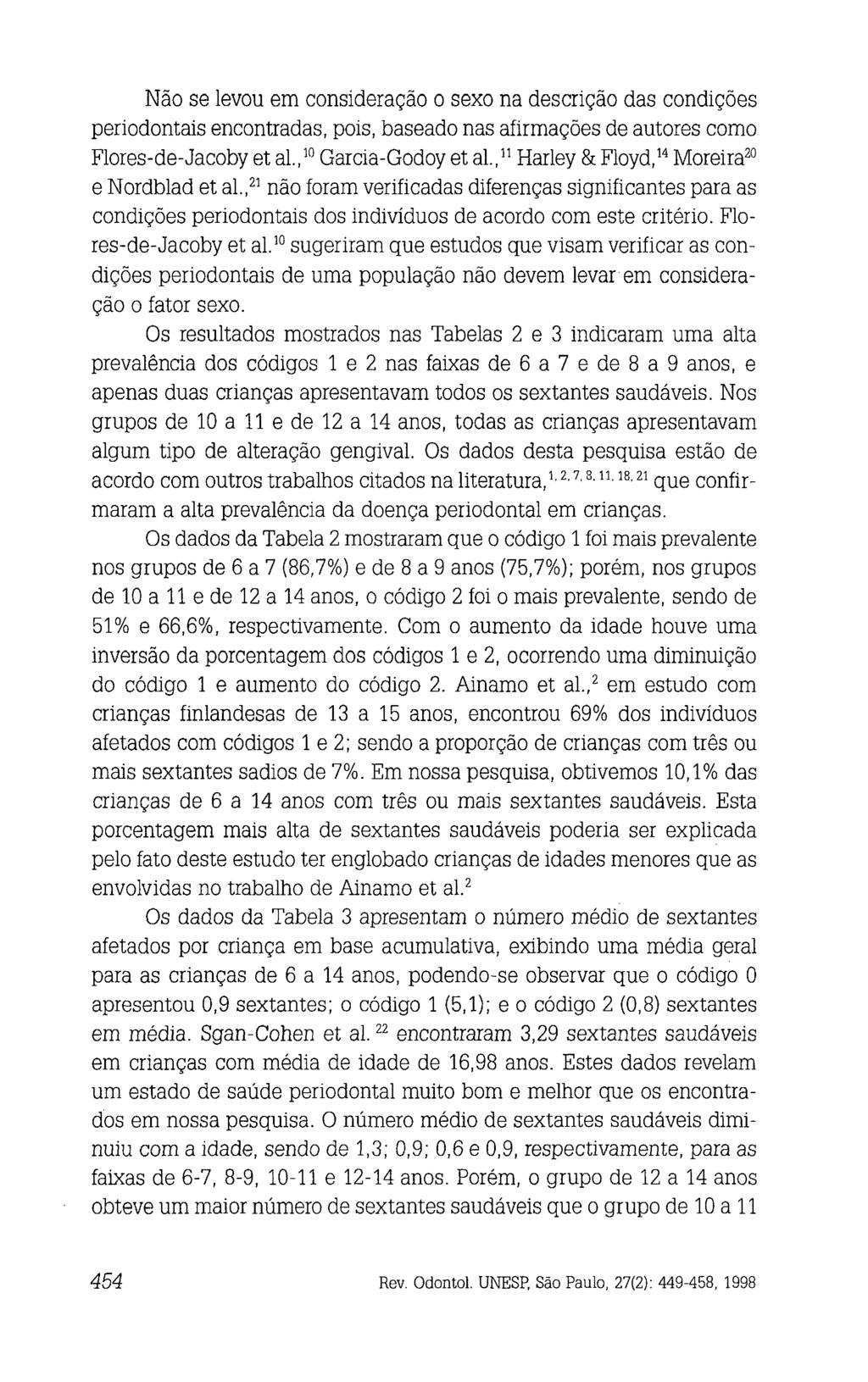 Não se levou em consideração o sexo na descrição das condições periodontais encontradas, pois, baseado nas afirmações de autores como Flores-de-Jacoby et al., l0 Garcia-Godoy et al.