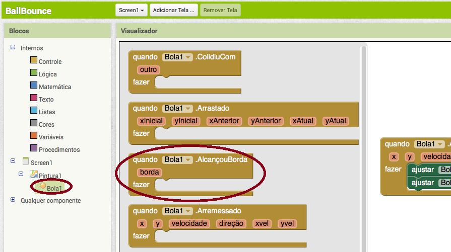 Adicione um evento AlcançouBorda Clique no objeto Bola1, escolha o evento quando Bola1.
