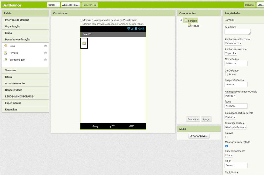 Ajuste a Tela (Screen) para não permitir que a barra de rolagem apareça A configuração padrão do App Inventor permite que barras de rolagem apareçam na Tela (Screen), o que significa que o usuário