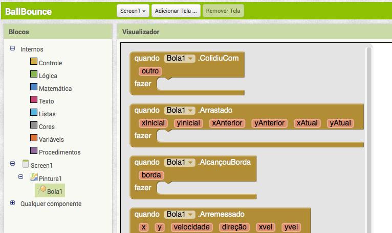 Veja os blocos disponíveis para o objeto Bola1 Escolha evento Arremessado da Bola1 Escolha o evento quando Bola1.Arremessado e arraste-o até a área de trabalho.
