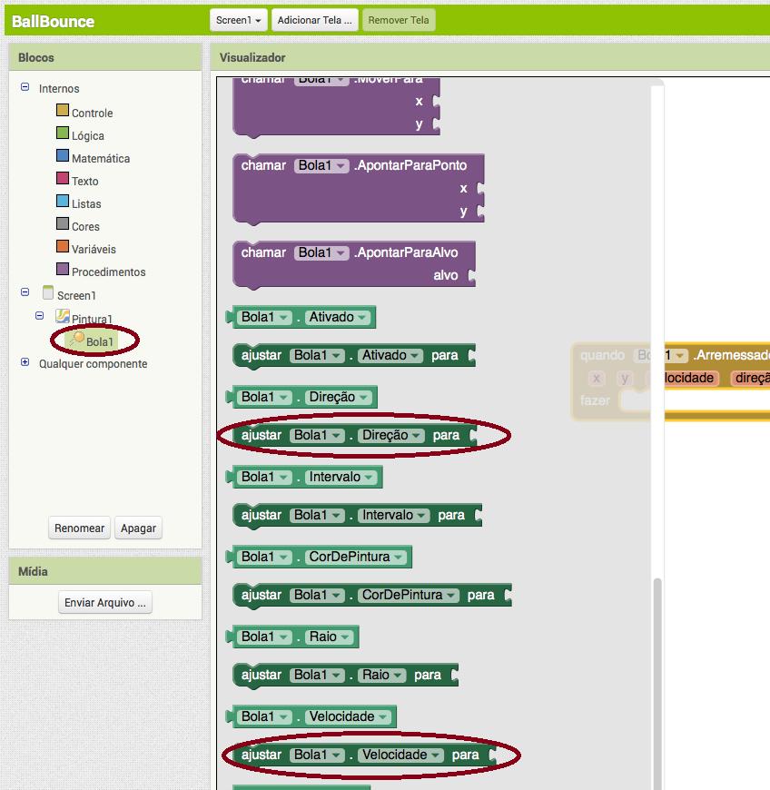 Configure a Direção e a Velocidade da Bola.